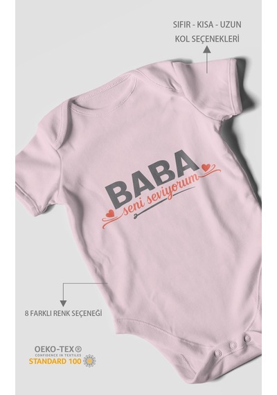 Morivokids Baba, Seni Seviyorum Kısa Kollu Bebek Body %100 Pamuk Bebe Pembe