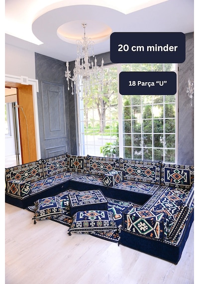 Otantik Şark Köşesi Takımı Lacivert Anadolu 18 Parça 20 Cm Süngerli Kilim Ve Puf Dahil Sedir Seti