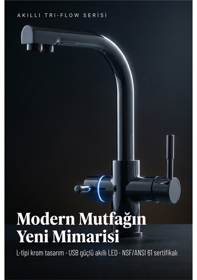 Likuan Akıllı 3 Yollu Tri-flow Mutfak Bataryası Sıcak/soğuk Filtreli + Şebeke Led Renk Göstergeli L-tipi Krom Gümüş