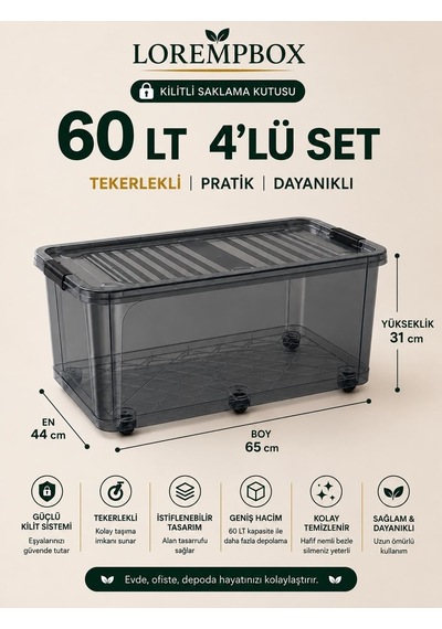 Tr Lorempbox 60 L Tekerlekli Kilitli Saklama Kutusu 4'lü Set Genel