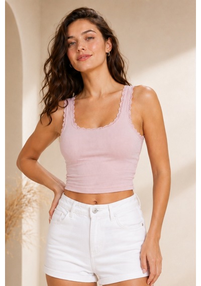Loule Kadın Dantel Detaylı Fitilli Crop Top Pudra Pamuklu