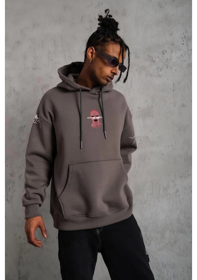 Novalisse Erkek 3 İplik Pamuklu Kapüşonlu Baskılı Cepli Oversize Sweatshirt Hoodie - Gri Çoklu Renk