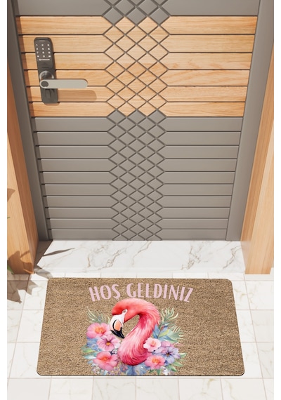 Rugmood Modern Dijtal Baskı Hoşgeldiniz Flamingo Kapı Önü Paspası Kahverengi