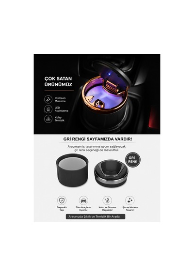 Led Işıklı Premium Araç Küllüğü Kokusuz Kapaklı Şık Tasarım Oto Küllük