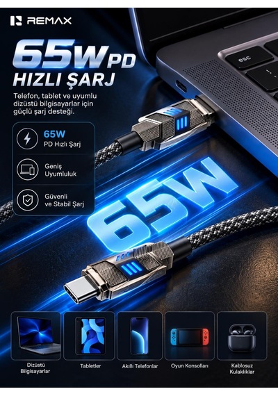 Remax Cb05-cc Bumblebee Serisi 65w Pd Type-c To Type-c Led Işıklı Çinko Alaşımlı Örgülü Hızlı Şarj Ve Data Kablosu 1.2 Metre Siyah
