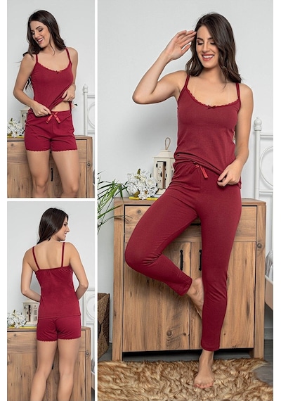 Myben Kadın Bordo Renkli Dantel Detaylı Şortlu Ve Taytlı Pijama Takımı 3'lü Set 75018 Bordo