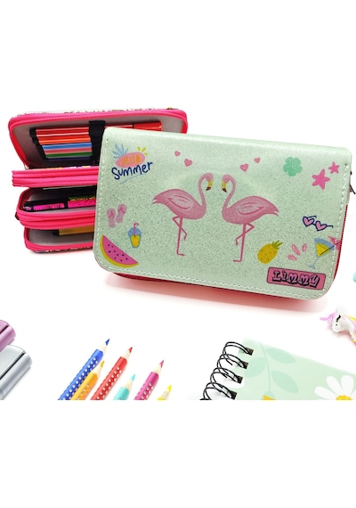 Simli Işıltılı Kuğu Flamingo Kalem Kutusu Vegan Deri Kalemkutu Üç Bölmeli Kalemlik - Pembe