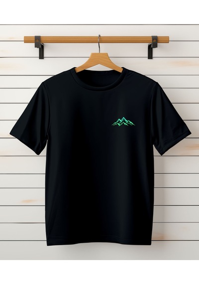 Dağ Özel Tasarım Baskılı Unisex T-shirt - Cep Detaylı Tişört Siyah
