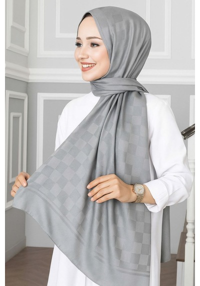Mim Eşarp Emproyal Silver Jakar Dama Desenli Şal 75x190 Cm Gümüş