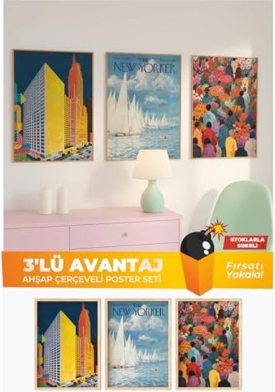 3'lü Ahşap Çerçeveli Poster Seti New Yorker &amp Şehir Manzaralı Retro Sanat Koleksiyonu Çok Renkli 21 X 30 Genel
