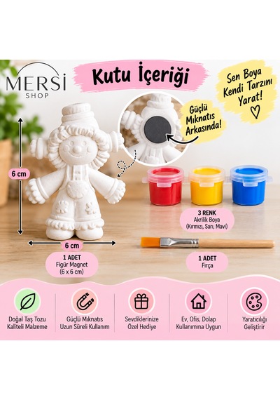 Kendin Boya Magnet Seti 6x6 Cm Taş Tozu Figür 3 Renk Akrilik Boya Ve Fırça