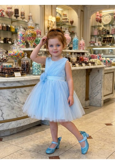 Butikhappykids Kız Çocuk Mavi Volanlı Tüllü Çiçek Detaylı Abiye Elbise 1-5 Yaş Mavi