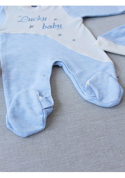 Veraura Lifestyle 0-3 3-6 Ay Lucky Baby Nakışlı Es Çizgi Boy Şapkalı Erkek Bebek Tulumu Mavi
