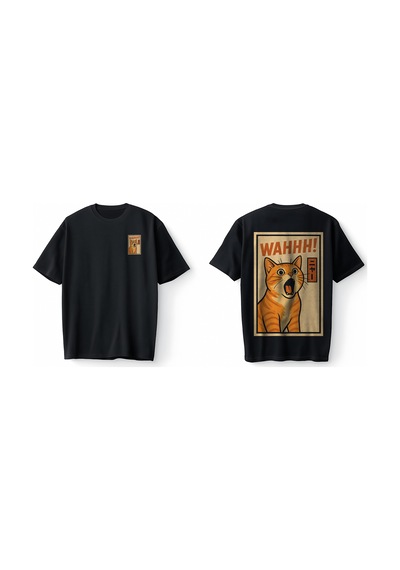 Bumeta Siyah Turuncu Kedi Baskılı Funny Cat Graphic Japon Tarzı Streetwear Oversize Unisex Tişört T-shirt