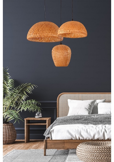 Bohem Bambu Boja Pendant 3'lü Set Sarkıt Avize Lamba - Iskandinav, Modern, Bohem, Rattan Aydınlatma Bej