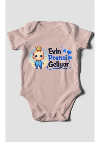 Morivokids Evin Prensi Geliyor Kısa Kollu Bebek Body %100 Pamuk Pastel Pembe