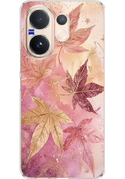 Vivo V60 Uyumlu Pembe Ve Bordo Tonlu Yaprak Baskılı Silikon Kılıf Renkli