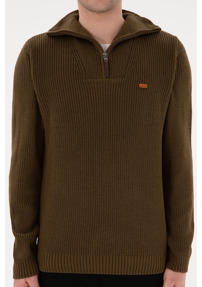U.S. Polo Assn. Erkek Regular Fit Yarım Fermuarlı Haki Kazak 50297047-VR027