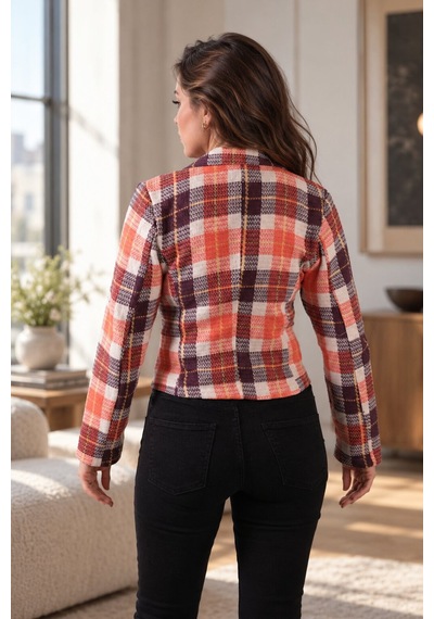 Armonika Kadın Mürdüm-beyaz Kruvaze Yaka Tüvit Crop Ceket Arm-24k001014