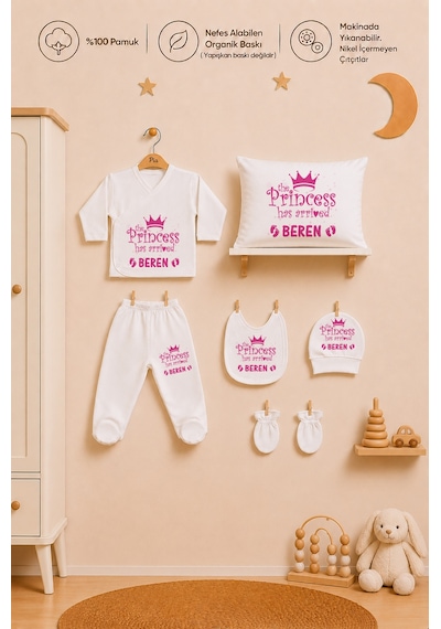 Pia Baby İsimli Kız Bebek Zıbın Şapka Önlük Eldiven Ve Yastık Kılıfı %100 Pamuk Organik Baskılı 2032yz0x Ekru