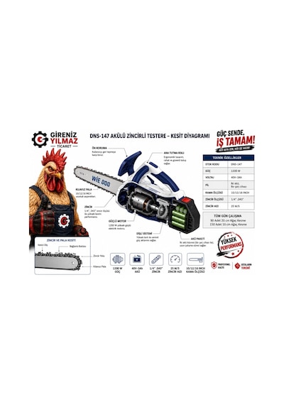 Algaride Wedo 36v 3ah Akülü Zincirli Testere 1200w Güç 13.000 Rpm 35 Cm Kılavuz 1/4 Zincir Bahçe Dal Ve Odun Kesim Makinesi