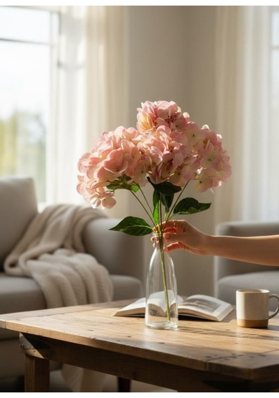 Yapay Çiçek Islak Ortanca Çiçeği Pembe Açık 45cm 5dal Islak Gerçeksi Dokulu Pembe