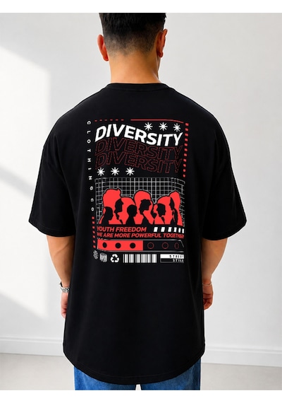 525 Oversize Sırt Baskılı Streetwear Unisex T-shirt Diversity Siyah