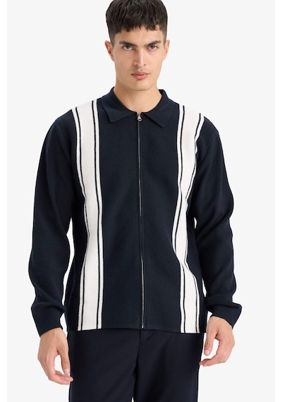 Defacto Standart Fit Polo Yaka Fermuarlı Çizgili Triko Hırka F4981ax25aunv64 Lacivert