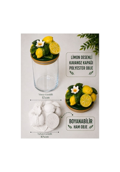 Boyanabilir Limon Desenli Kavonoz Kapağı Polyester Obje Beyaz - 909313887