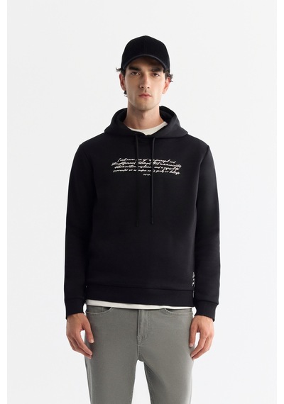 Avva Erkek Siyah Kapüşonlu 3 İplik Şardonlu Baskılı Regular Fit Sweatshirt A42y1303