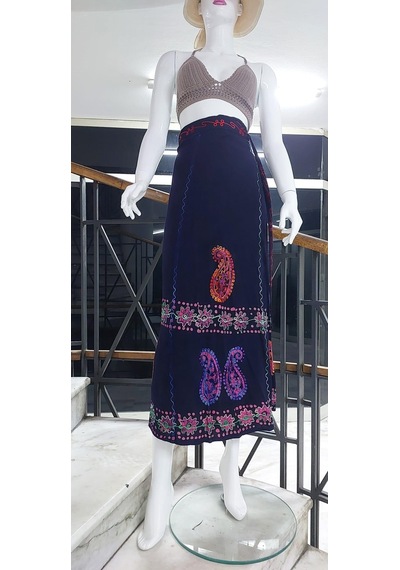 Bohem Stil Hint Batik Çiçek Desenli Ve İşlemeli Uzun Hint Anvelop Etek Lacivert