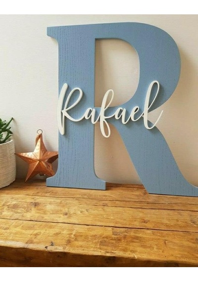 Bebek Odası Çocuk Odası Ahşap İsimli Harf Hediyelik Duvar Dekoru 30x25 Cm Mavi Standart