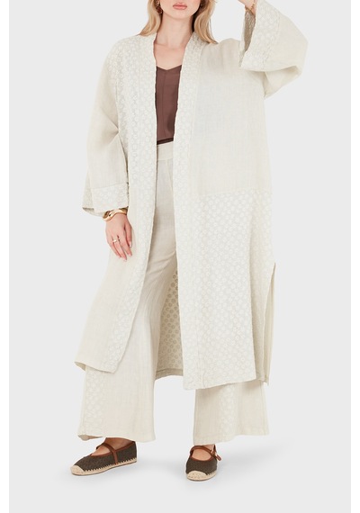 Via Dante % 100 Keten Brode İşlemeli Kimono Bayan Kimono 69912196 Taş