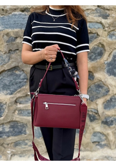 Kadın Orijinal Just Polo Yumuşak Deri Şal Detaylı Ayarlanabilir Askılı El Ve Omuz Çantası Shopper Bordo