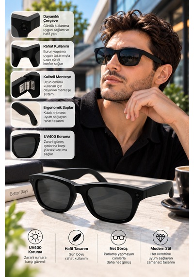 Kameralı Akıllı Güneş Gözlüğü Smart Glasses Siyah Şık Tasarım