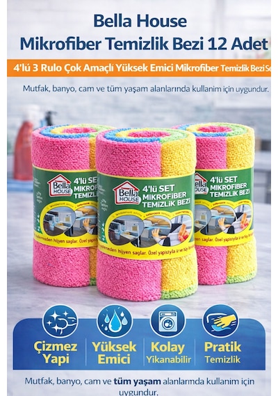 Bella House Mikrofiber Temizlik Bezi 12 Adet 4'lü 3 Rulo Çok Amaçlı Yüksek Emici Mikrofiber Temizlik Bezi Seti Çok Renkli