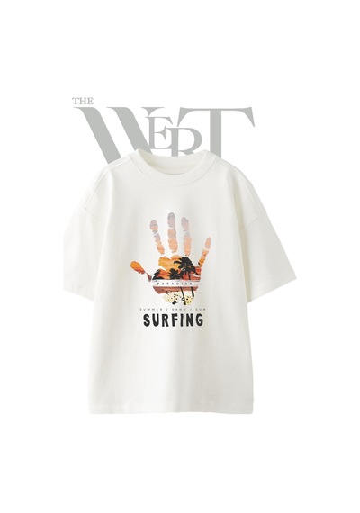 Thewert Surfing Handprint Tasarım Baskılı Ünisex Beyaz Oversize T-shirt