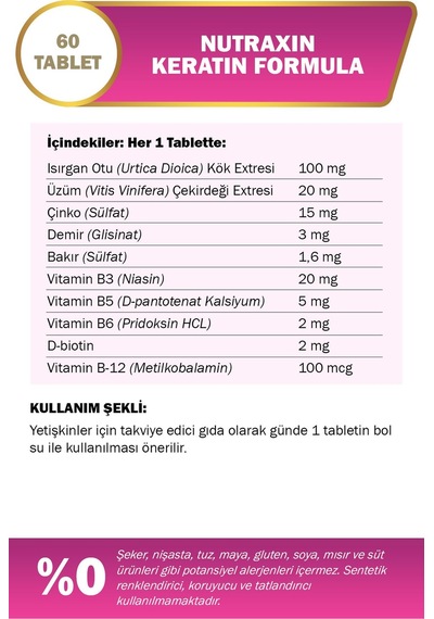 Nutraxin Keratin Formula Hair Nails Skin Takviye Edici Gıda 60 Tablet