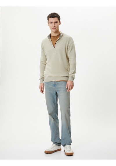 Koton Yarım Fermuarlı Kazak Slim Fit Uzun Kollu Dirsek Detaylı Taş 4sam70005ht Taş