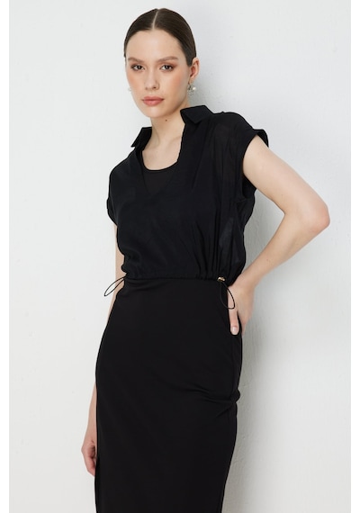 On Kadın Beli Lastikli Sırt Dekolteli Bluz 74347 Siyah