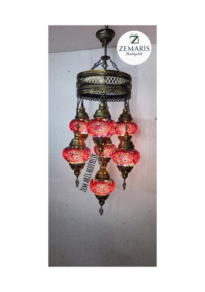 El Yapımı Otantik Mozaik 7 Li Avize Tavan Lambası Dekoratif Pembe - 786499679 Pembe