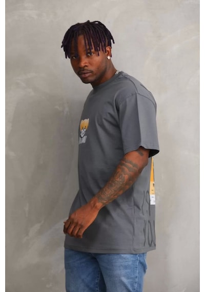 Unisex Baskılı Oversize T-shirt - Füme Füme