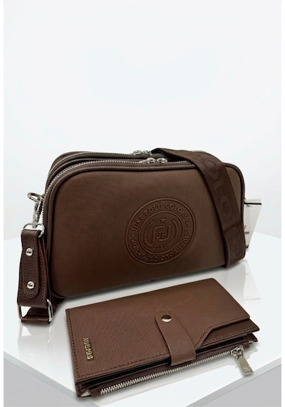 Just Polo Kadın Çift Fermuarlı Günlük Kullanıma Uygun Lüks Spor Çantası Ve Cüzdanı Ebat: 27x17 Cm Kahverengi