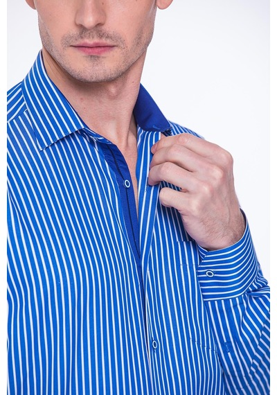 Fitmens Klasik Uzun Kol Premium Kalın Çizgili Hediye Kutulu Erkek Gömlek Fs-001266 - Saks Mavi Beyaz-1431