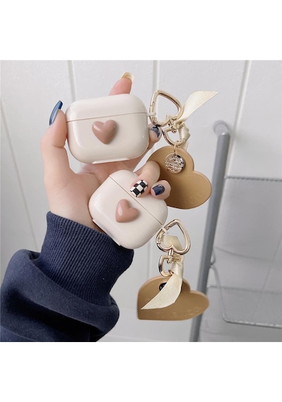 Apple Uyumlu AirPods Pro 1. / 2. Nesil İle Kılıf Kalp Leopar Taş Kiraz Desenli Fiyok Tutmalı Kılıflar Kahve
