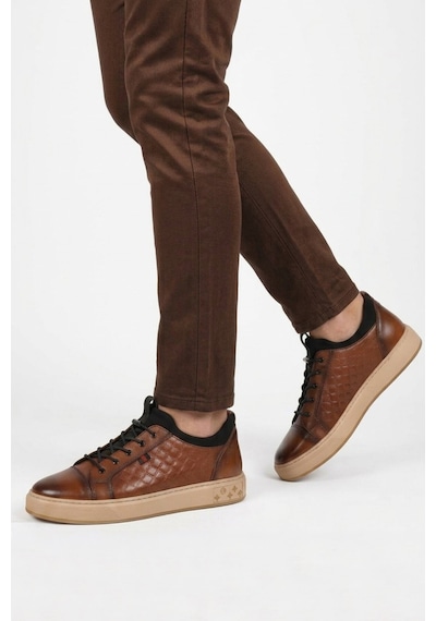Voyager Taba Hakiki Deri Kroko Desenli Rahat Şık Erkek Casual Ayakkabı Sneaker 6424-1 M