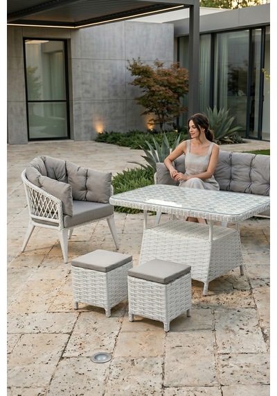 Liatris Serisi 1. Sınıf 3+1+1+2 Puf Beyaz Rattan Gri Minder Bahçe Balkon Oturma Koltuk Takımı Liatris Serisi 1. Sınıf 3+1+1+2 Puf Beyaz Rattan Gri Minder Bahçe Balkon Oturma Koltuk Takımı