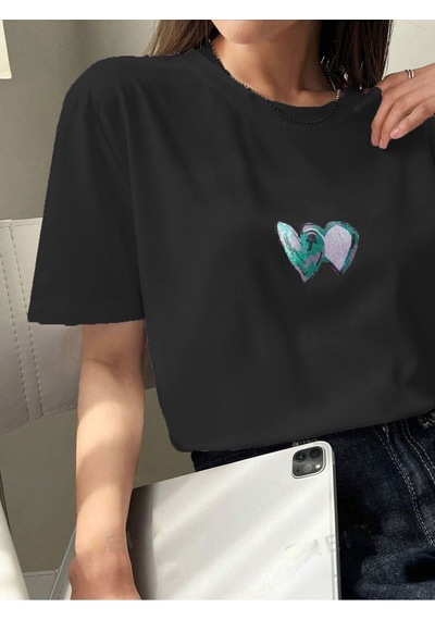 Flood Of Style Kadın Füme Çift Kalp Baskılı Oversize Gri