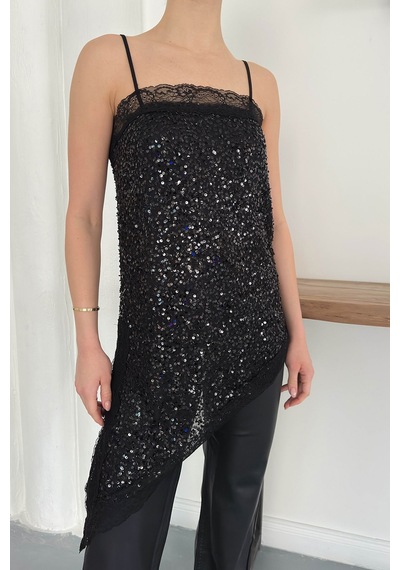Verymoda Dantel Detaylı Askılı Pullu Asimetrik Tunik - D2934 Siyah