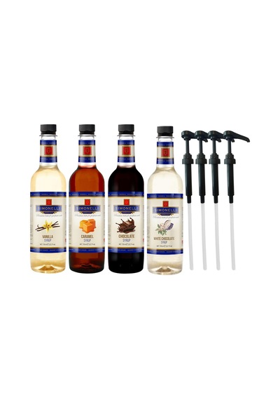 Kahve Ve Kokteyl Şurubu 700 Ml 4'lü Set Karamel+vanilya+çikolata+beyaz Çikolata + 4 Adet Pompa
